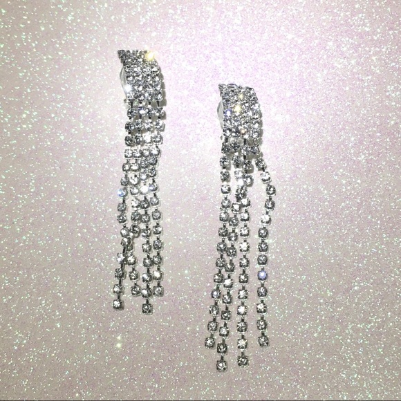 Statement Vintage Earrings Rhinestone Drop Fringes Tassels - Picture 2 of 4